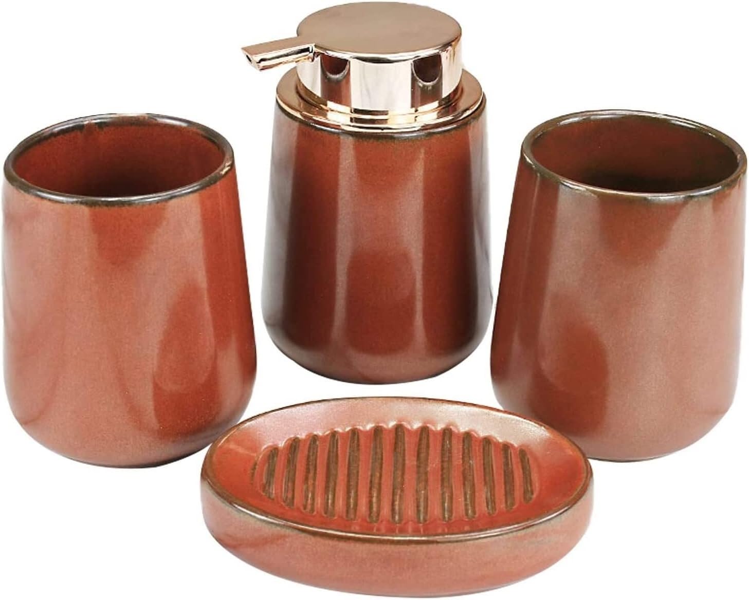 Vanity Bathroom Decor, Bathroom Accessories Set Bath Ensemble Set Vintage Ceramics Wash Set Creative Bathroom Kit for Gift Housewarming Gift(Brown,4 Piece Set)