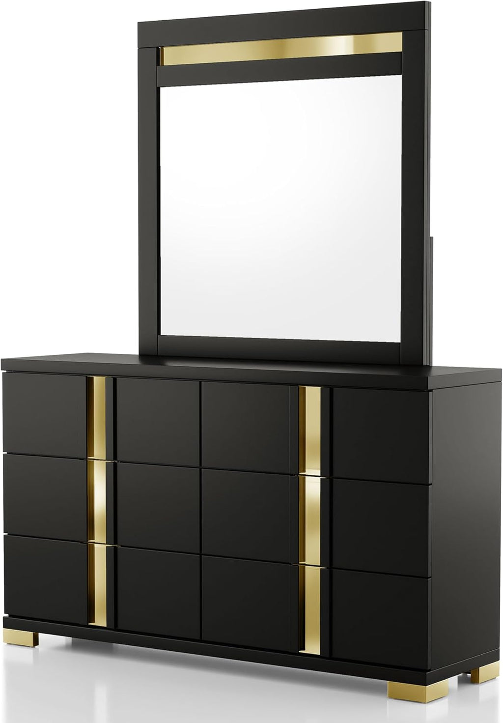Furniture of America Ansten Modern Wood 6-Piece Platform Bedroom Set with Gold Trim, Underbed LED, Dust Proof Cases, Bracketed Metal Legs, No Box Spring Needed, Full, Black