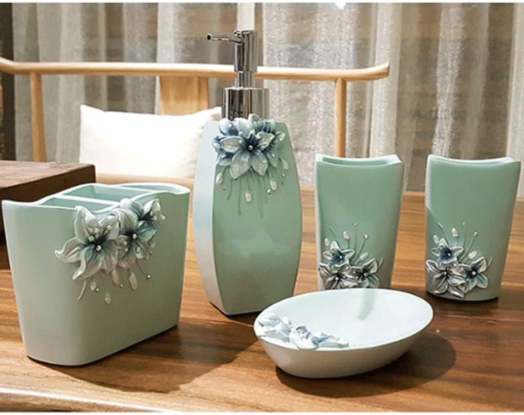 Vanity Bathroom Decor, Bathroom Accessories Set 5 Pieces Bath Ensemble Includes Soap Dispenser Toothbrush Holder Tooth Cup Soap Dish Green Housewarming Gift