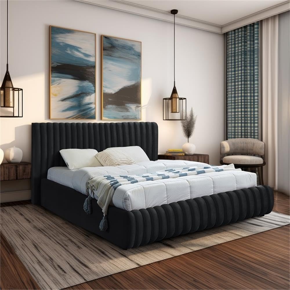Pemberly Row Contemporary King Bed, Black Velvet Upholstery, 89' W x 91' D x 38' H, Channel Tufted Headboard and Footboard, Modern Bedroom Furniture