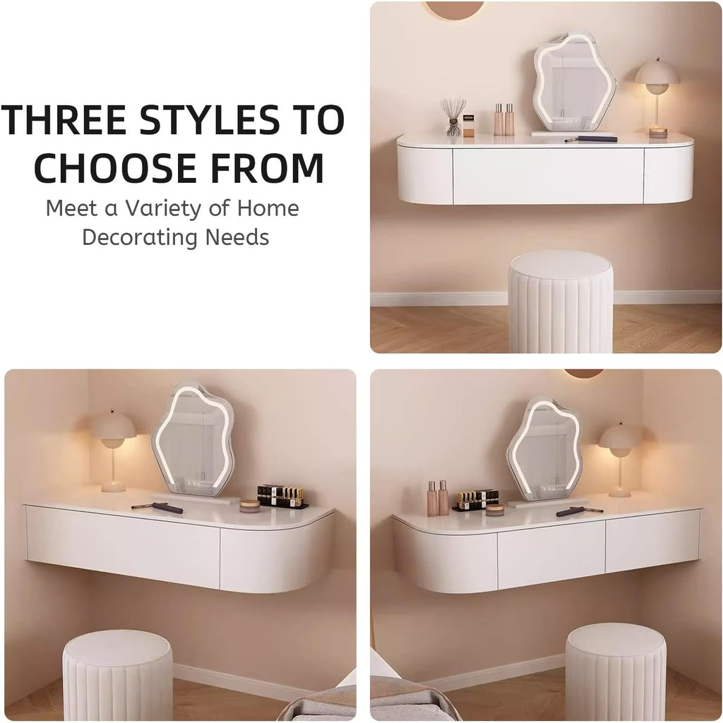 White Floating Vanity Makeup Table Wall Mounted Vanity Desk Wall-mounted Makeup Cabinet Dressing Floating Corner Desk Dresser Storage Set With Mirror And Lights Small Space Bedside Dressing Table(Free