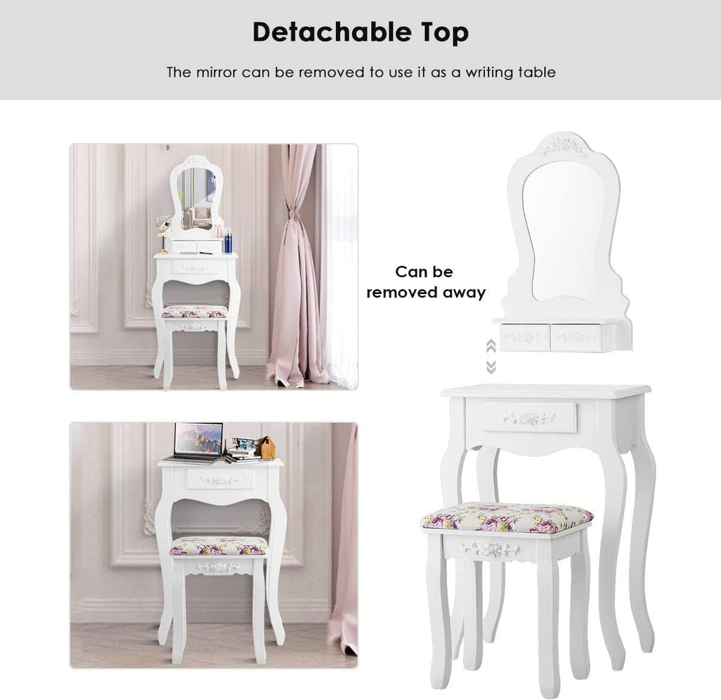 LDAILY Vanity Table Set with Cushioned Stool, Makeup Table with Mirror & 3 Storage Drawers, Multipurpose Writing Desk, Bedroom Bathroom Small Space Dressing Table and Bench for Women, Girl (White)