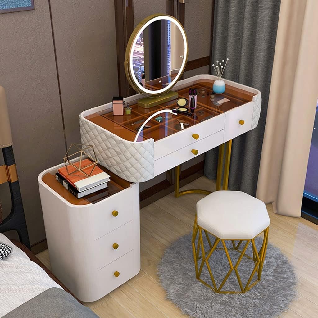 Vanity Benches Dresser Modern Bedroom Glass Vanity Table Small Apartment Storage Cabinet with Storage Cabinet, Stool, Mirror (Color : A)