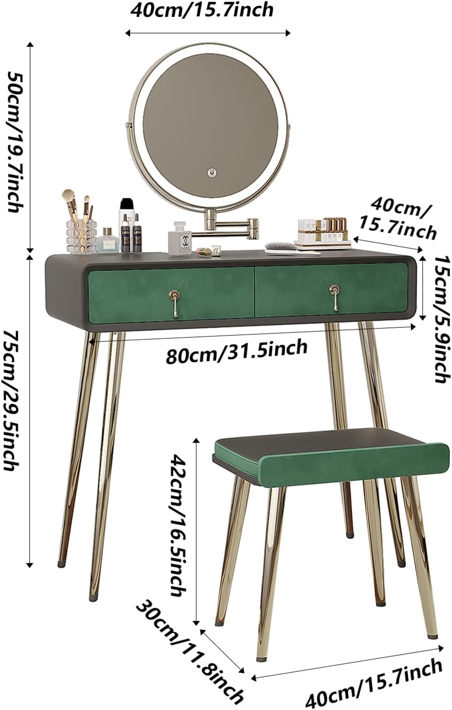 Vanity Desk with Adjustable Mirror and Lights, Makeup Vanity with 2 Drawers and Chair, Small Dressing Table with Leather Surface for Bedroom, 3 Lighting Modes
