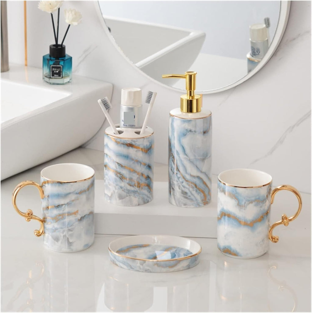 Vanity Bathroom Decor, Ceramic Bathroom Accessory Set Fashion Marble Pattern European Style Bathroom Kit for Housewarming Gift Housewarming Gift(A)