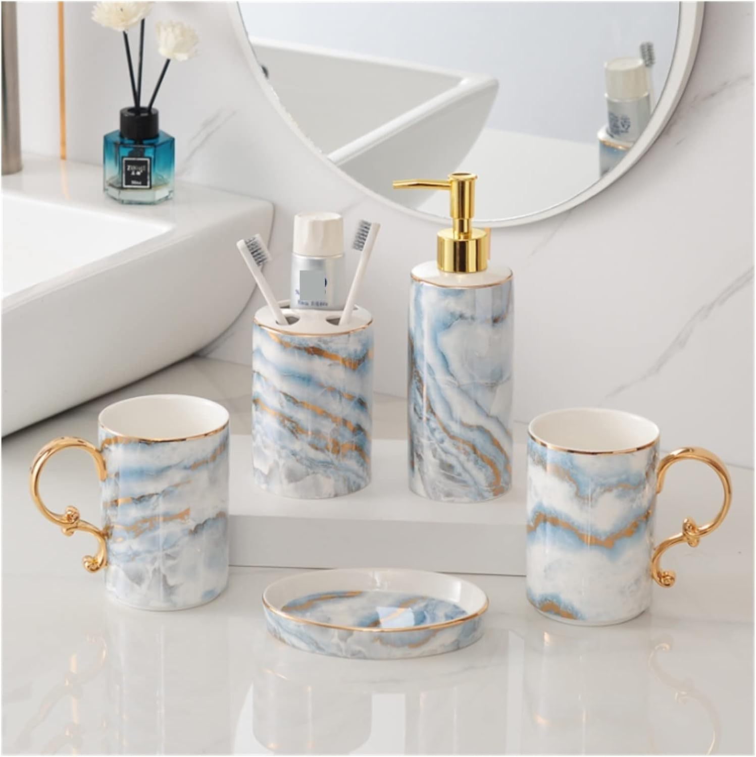 Vanity Bathroom Decor, Ceramic Bathroom Accessory Set Fashion Marble Pattern European Style Bathroom Kit for Housewarming Gift Housewarming Gift(A)