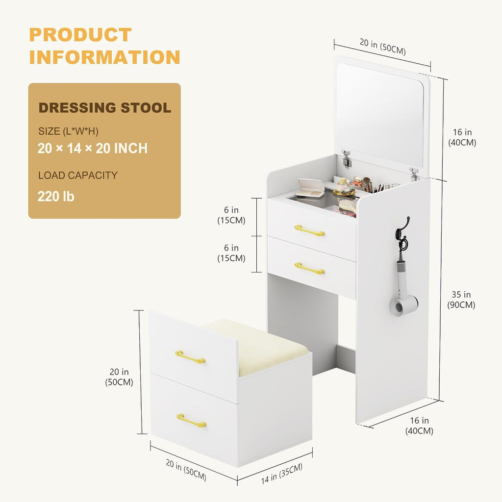 3 in 1 Make Vanity Desk with Flip Top Mirror,Glass Top Makeup Vanity Table with Cushioned Stool,Small Dressing Table with 3 Drawers,Compact Vanity Set for Apartment,Dormitory(White)