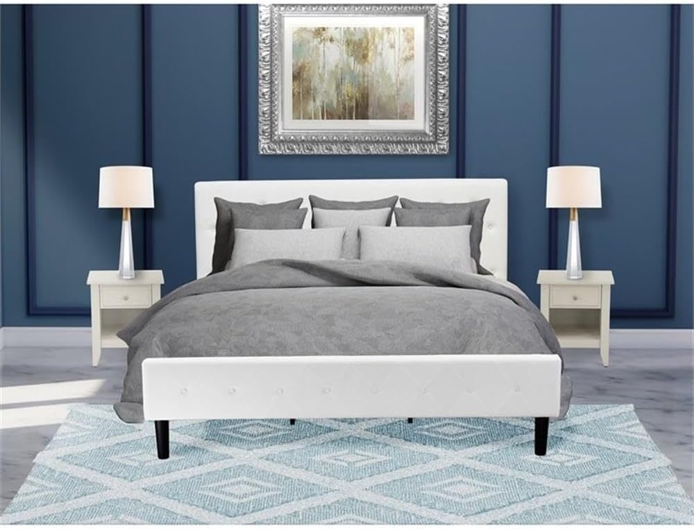 East West Furniture NL19K-2GA0C 3 Piece Modern Bedroom Set - King size Button Tufted Bed - Linen white Velvet Fabric Upholstered Headboard and a Wire Brushed Butter Cream Finish Nightstand