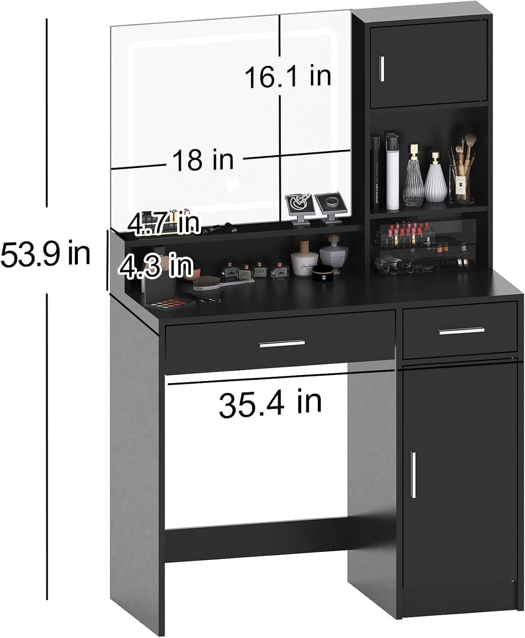 MIRROTOWEL Vanity Desk with LED Light Mirror, Dressing Table with Large Drawer & 3-Tier Storage, Adjustable Brightness 3 Lighting Modes, Modern Makeup Desk for Bedroom, Bathroom, or Living Room