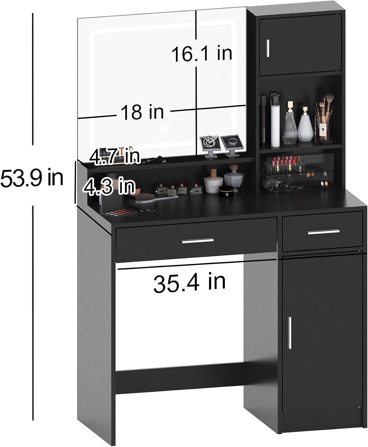 MIRROTOWEL Vanity Desk with LED Light Mirror, Dressing Table with Large Drawer & 3-Tier Storage, Adjustable Brightness 3 Lighting Modes, Modern Makeup Desk for Bedroom, Bathroom, or Living Room