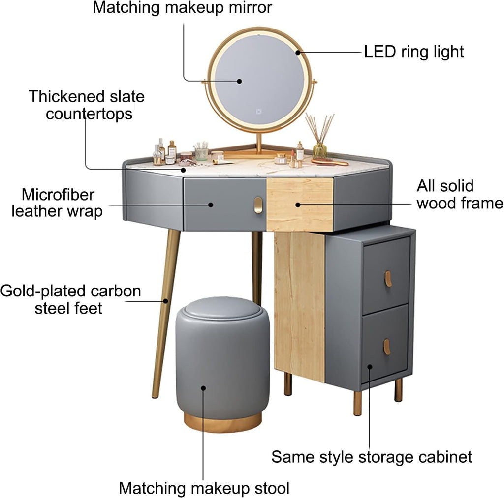 Corner Vanity Set with Lighted Mirror, Makeup Dressing Table with Drawers, Cabinet and Cushioned Stool, Girls Vanity Desk for Dressing Room, Bedroom,Khaki