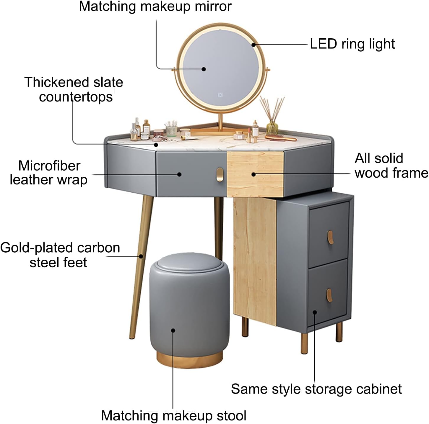 Corner Vanity Set with Lighted Mirror, Makeup Dressing Table with Drawers, Cabinet and Cushioned Stool, Girls Vanity Desk for Dressing Room, Bedroom,Grey