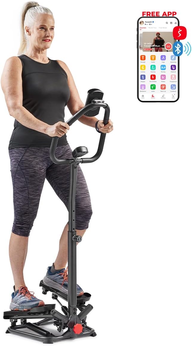 Sunny Health & Fitness Smart Stair Stepper Machine for Home Workouts with Handlebar, Resistance Bands, Bluetooth & SunnyFit App, Space-Saving Low-Impact Cardio Stepper