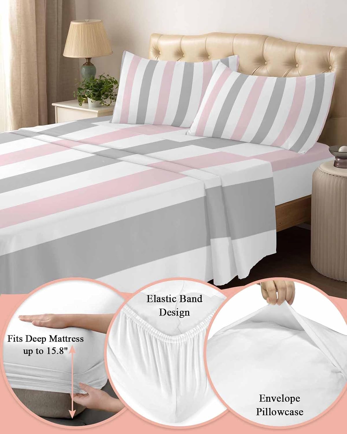 Pink Grey Striped Cal King Sheet Set 4 Piece Bedding - Geometric Vertical Stripes Minimalist Breathable Comfy Cooling Bed Sheets & Pillowcase Sets,Hotel Luxury Flat Sheets Deep Pockets Fitted Sheet