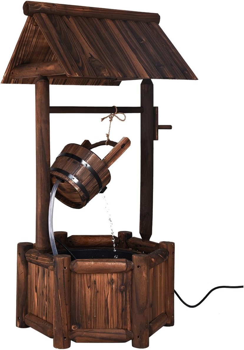 S AFSTAR Wishing Well Water Fountain, Rustic Wood Outdoor Waterfall Fountain with UL Certificated, Garden Wishing Well, Electric Pump Wishing Wells for Outdoor Yard Garden Backyard Decoration