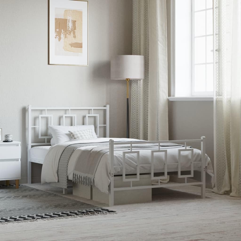 Metal Bed Frame with Footboard Twin Size White Sturdy Steel Platform Bed Frame for Bedroom Furniture Underbed Storage Space
