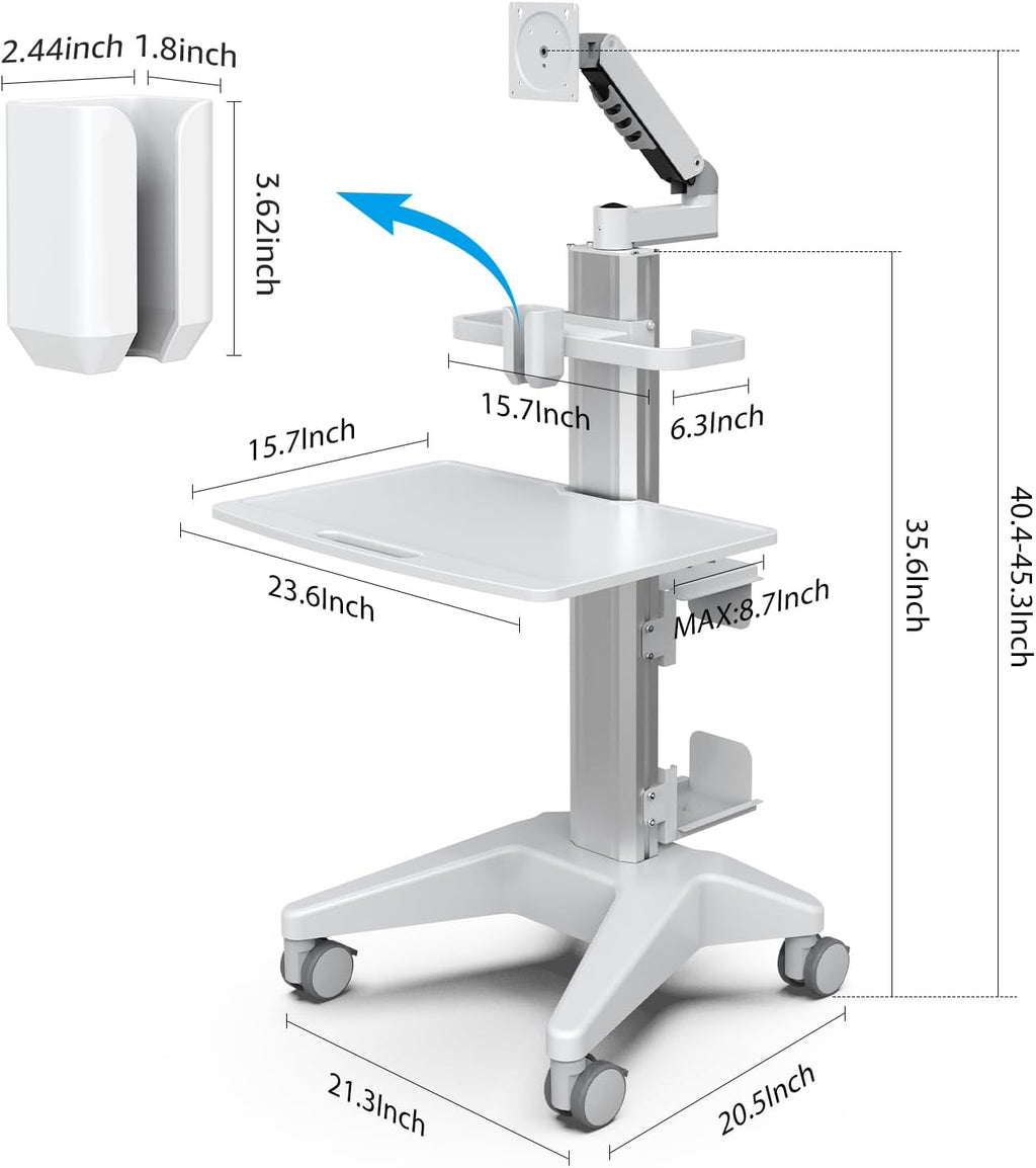 BEWISER Medical Trolley Cart Height Adjustable Monitor Mount,Big Pallet Cart with Oral Scanner Holder All-Aluminum Base,Mobile Workstation for Hospital,Lab & Dental Clinics