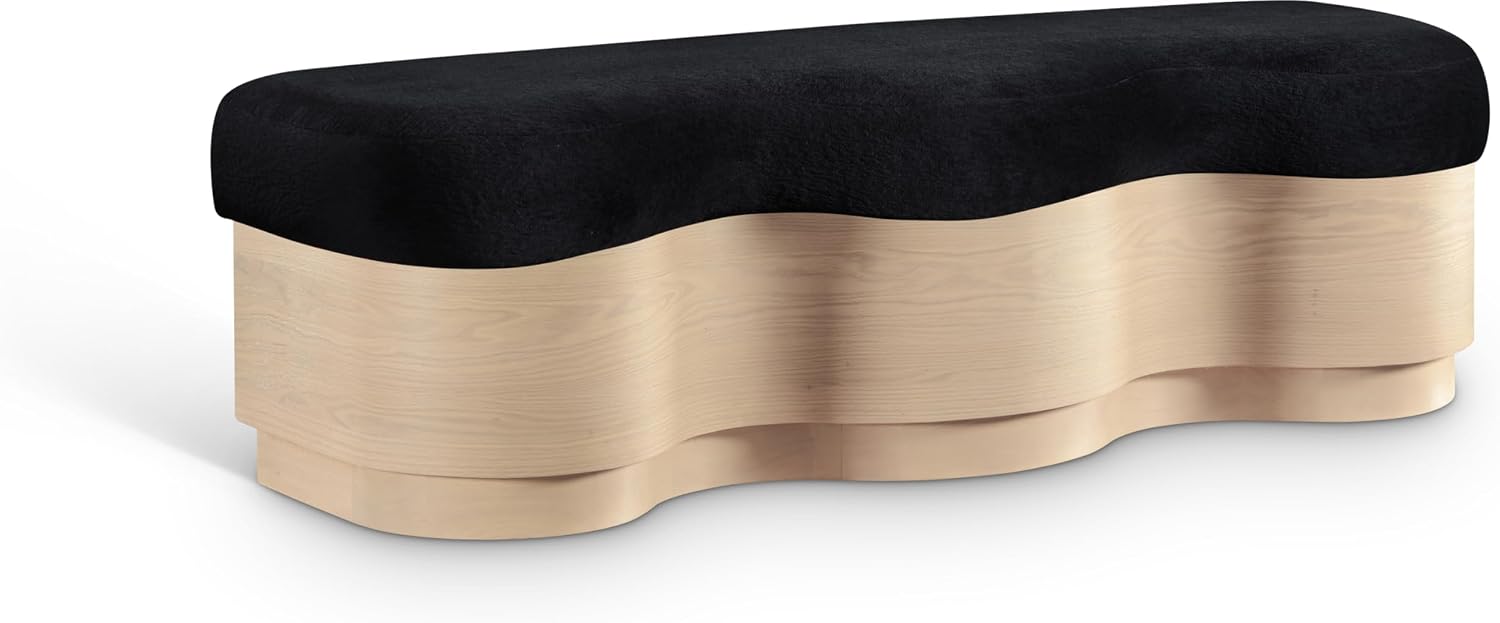 Meridian Furniture 22080Black Savoy Collection Art Deco Bench with Soft Black Velour Fur Fabric, Rich Natural Finish, Mix of Solid Wood & MDF, 60' W x 18.5' D x 18.5' H, Black