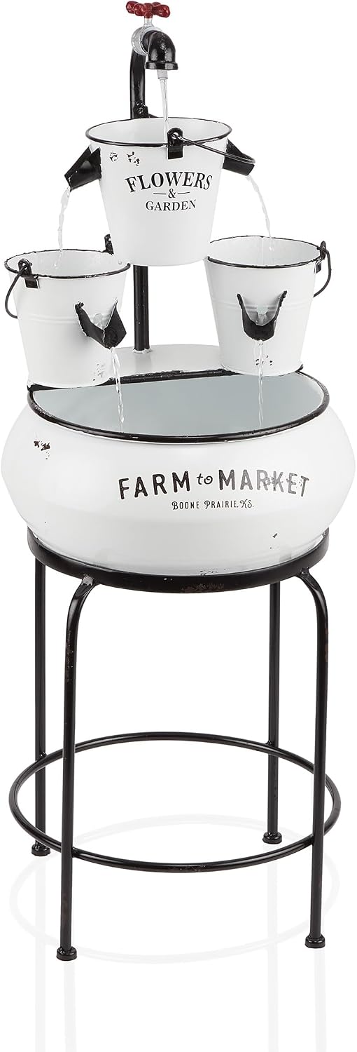Alpine Corporation YHL424 36' Outdoor Floor Buckets with Faucet Water Fountain – Vintage Buckets Garden Water Feature, Charming Outdoor Fountain for Patio & Yard, White