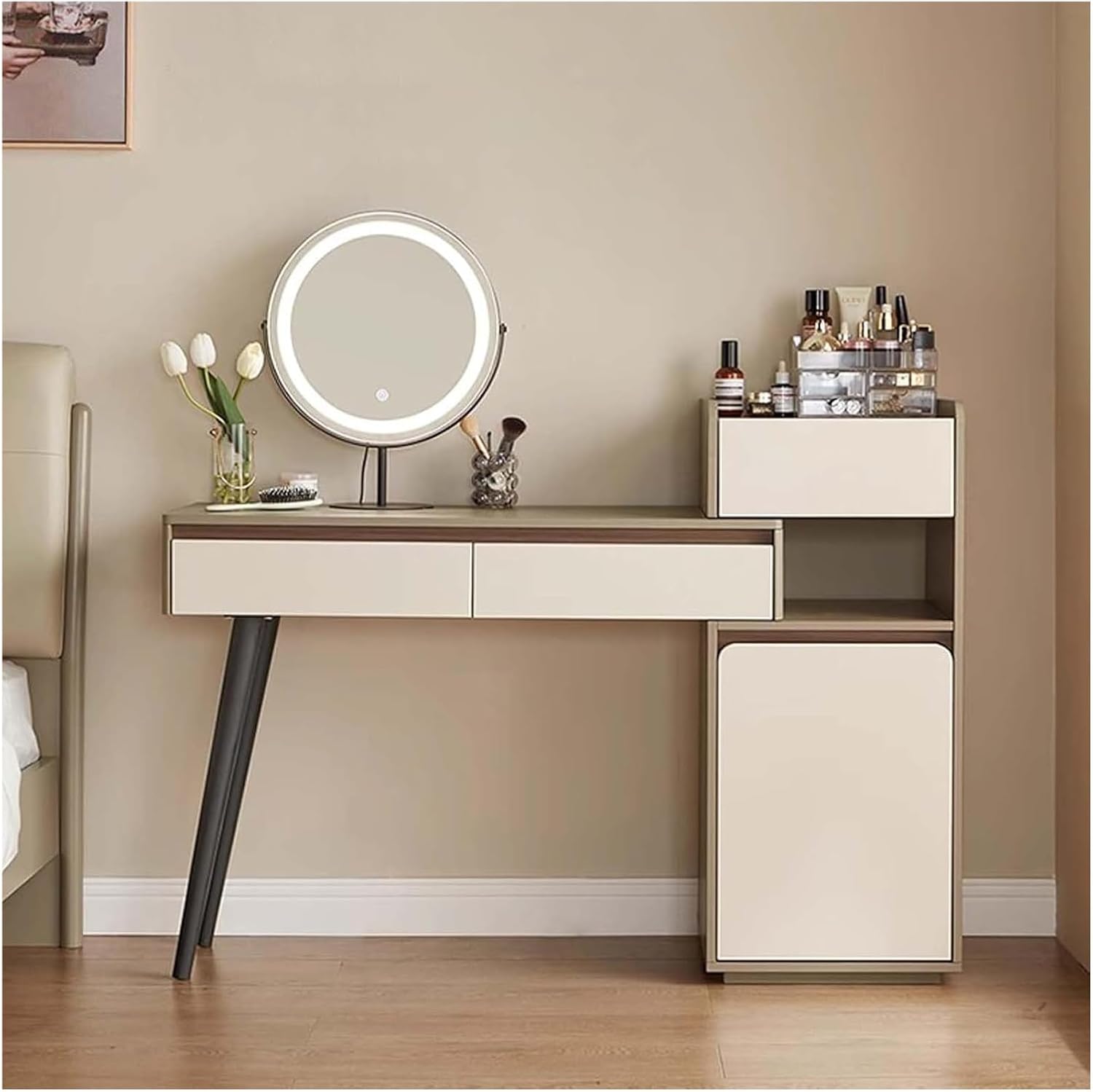 Vanity Desk, Vanity Table, Dressing Table, Makeup Table for Bedroom, Corner Dressing Table with Storage Shelf, Make Up Desks with Lights