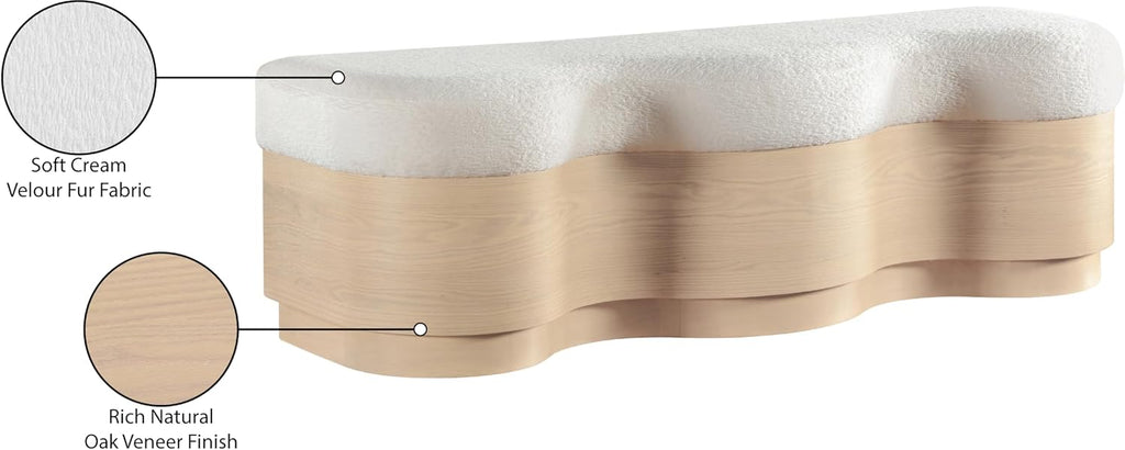 Meridian Furniture 22080Cream Savoy Collection Art Deco Bench with Soft Cream Velour Fur Fabric, Rich Natural Finish, Mix of Solid Wood & MDF, 60' W x 18.5' D x 18.5' H, Cream