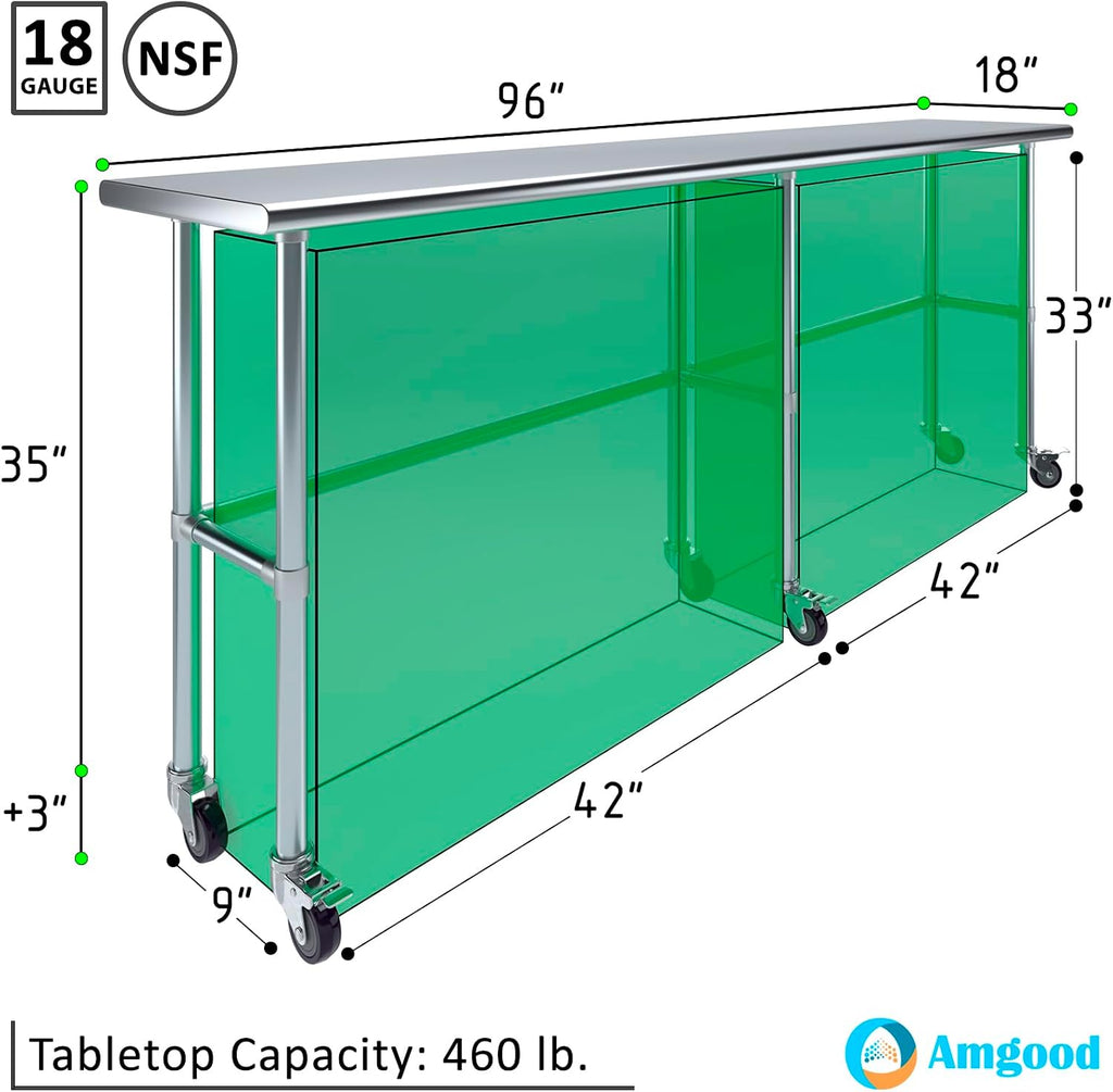 AmGood Stainless Steel Work Table Open Base & Wheels | Work Station | Metal Work Bench (Stainless Steel Work Table Open Base + Casters, 96' Long x 18' Deep)