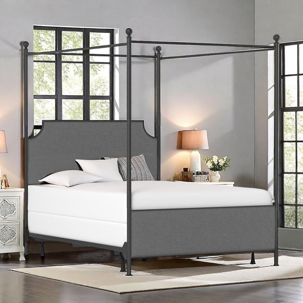 Starlight Canyon Home Queen Size Canopy Bed Frame with Upholstered Headboard, Matte Black Metal Frame with Soft Gray Accents for Elegant Bedroom Settings