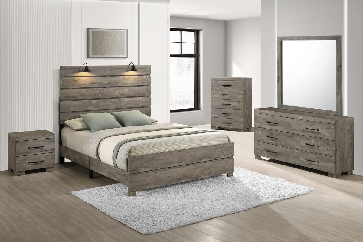Modern 5-Piece Queen Bedroom Set with LED Reading Lamps and USB Nightstands – Panel Bed Frame, Dresser, Mirror, Chest, and Nightstand in Antique Gray Laminate Finish