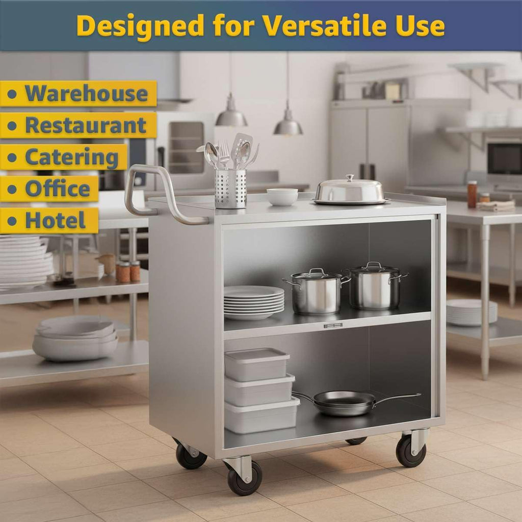 18' x 30' Stainless Steel Utility Cart with Enclosed Base and Open Front - 3 Shelf Heavy-Duty Commercial Service Cart - NSF Rolling Cart for Kitchen, Catering, Restaurant Storage