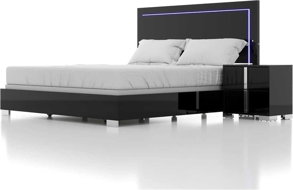 Furniture of America Alistair Modern Wood 2-Piece Bedroom Set with LED on Headboard Bed, Ball-Bearing Glides, Vertical Chrome Handles on Nightstand, Box Spring Required, King, Black