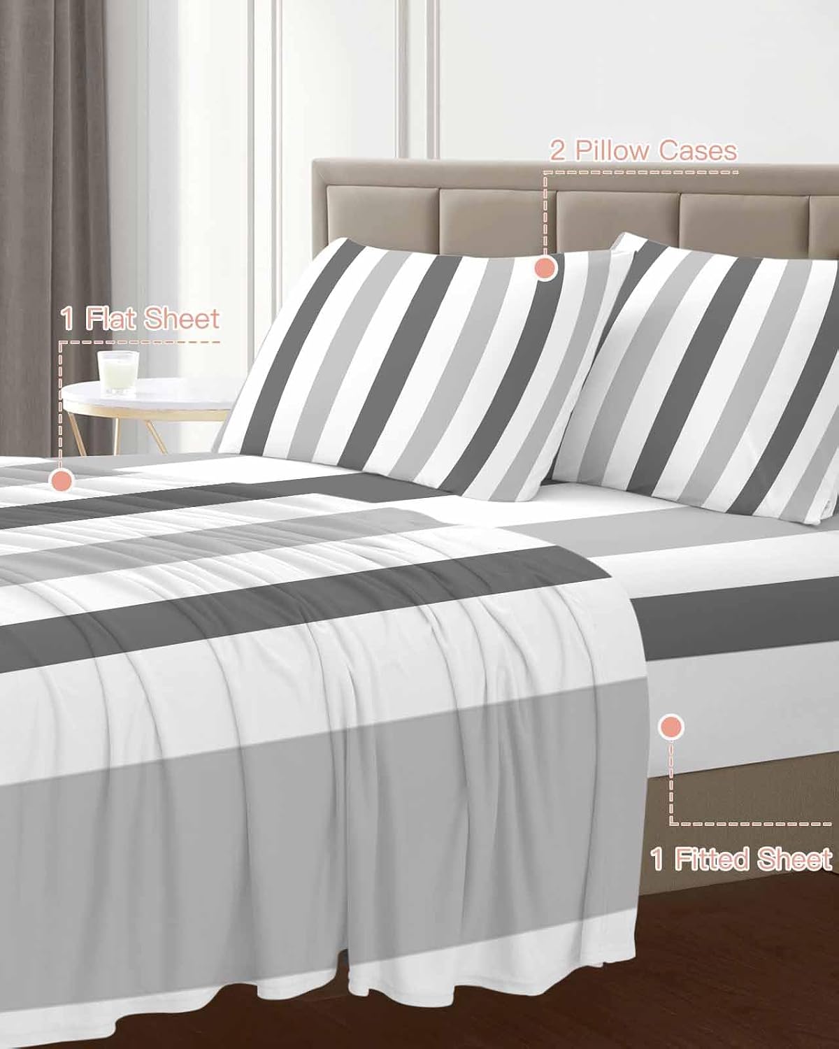 Grey Striped King Sheet Set 4 Piece Bedding - Geometric Ombre Vertical Stripes Minimalist Breathable Comfy Cooling Bed Sheets & Pillowcase Sets,Hotel Luxury Flat Sheets Deep Pockets Fitted Sheet