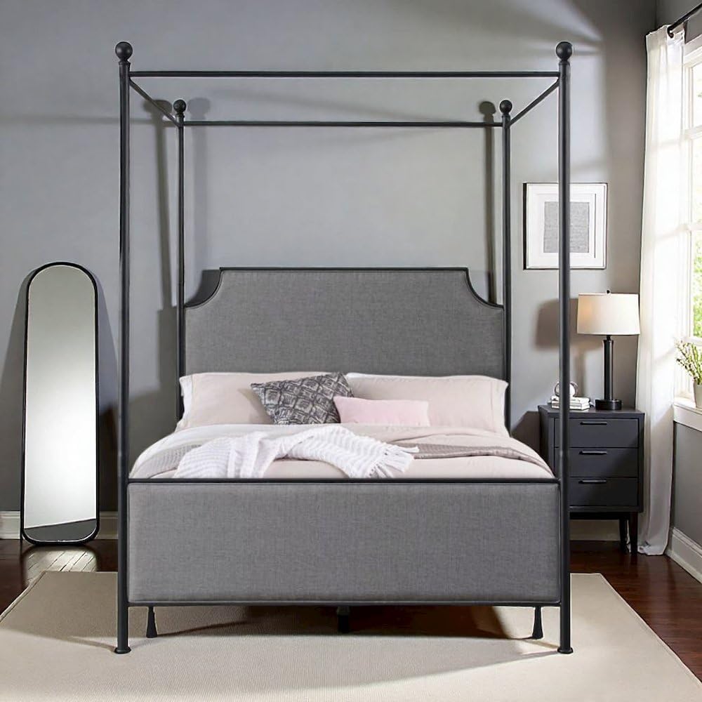 Starlight Canyon Home Queen Size Canopy Bed Frame with Upholstered Headboard, Matte Black Metal Frame with Soft Gray Accents for Elegant Bedroom Settings