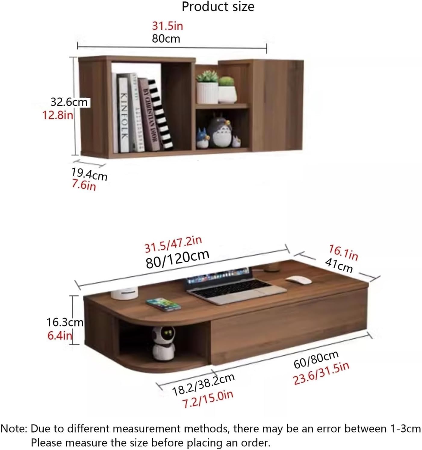 Vanity Set Dressing Table with Wall Mounted Bookshelf and Drawers Corner Floating Laptop Table Left/Right Config for Home Office Space Saver(Brown,80 cm Left)