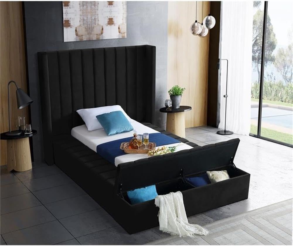 Meridian Furniture Kiki Collection Modern | Contemporary Velvet Upholsterd Bed with Channel Tufting, Siderails and Footboard Storage Compartments, Twin, Black