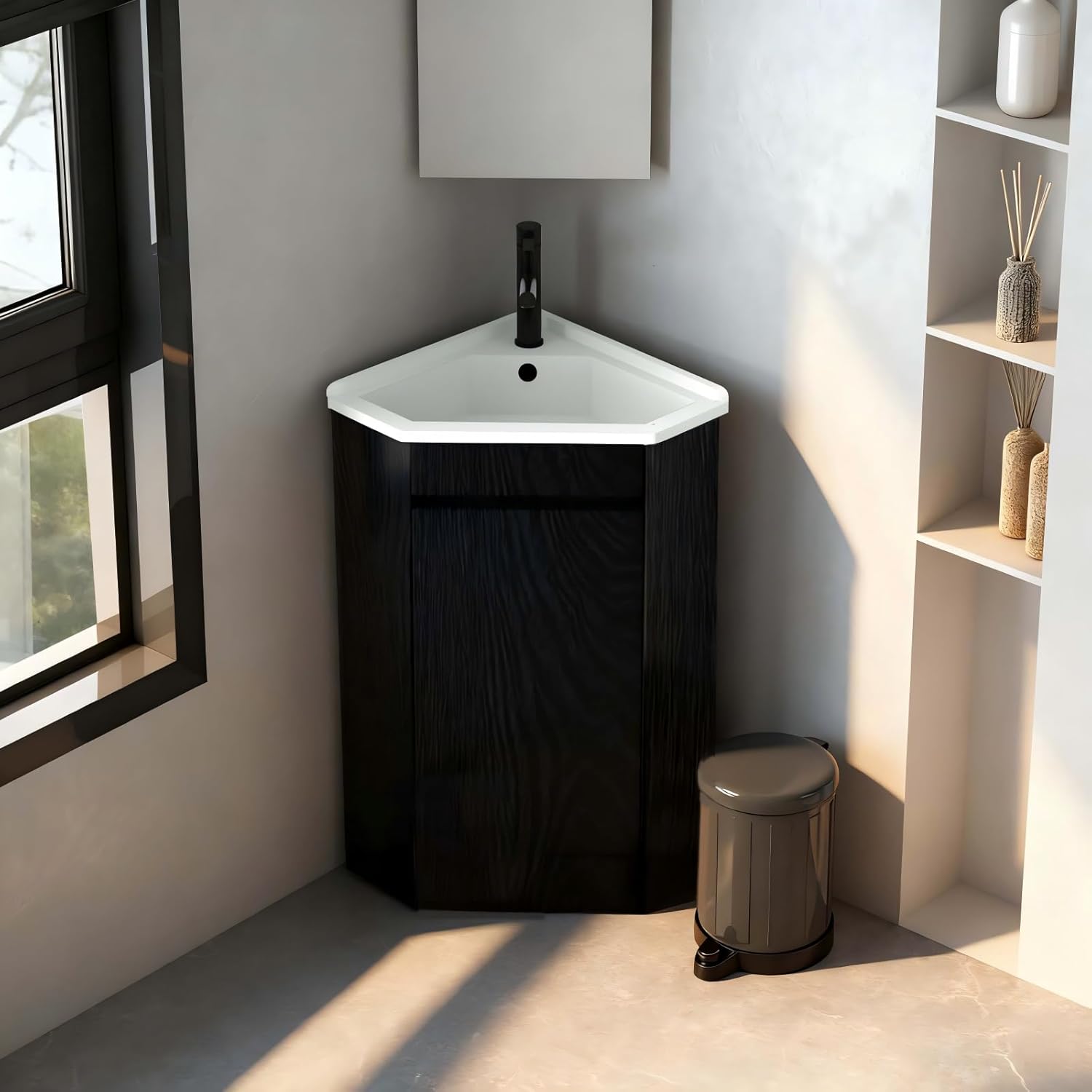 26' Corner Bathroom Vanity with Ceramic Sink for Small Space Freestanding Bathroom Cabinet Sink Combo with Shelf Modern Storage Cabinet with Console Sink Compact Space Small Utility Sink with Drain