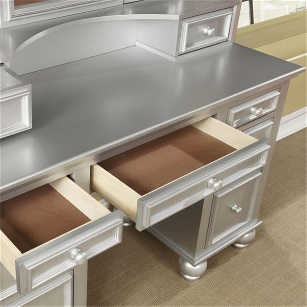 Pemberly Row Modern Wood 3-Piece Bedroom Vanity Set, Silver Finish, Transitional Style with Tri-Fold Oval Mirror, Cushioned Stool, 9 Storage Drawers, Elegant Design for Bedroom Use