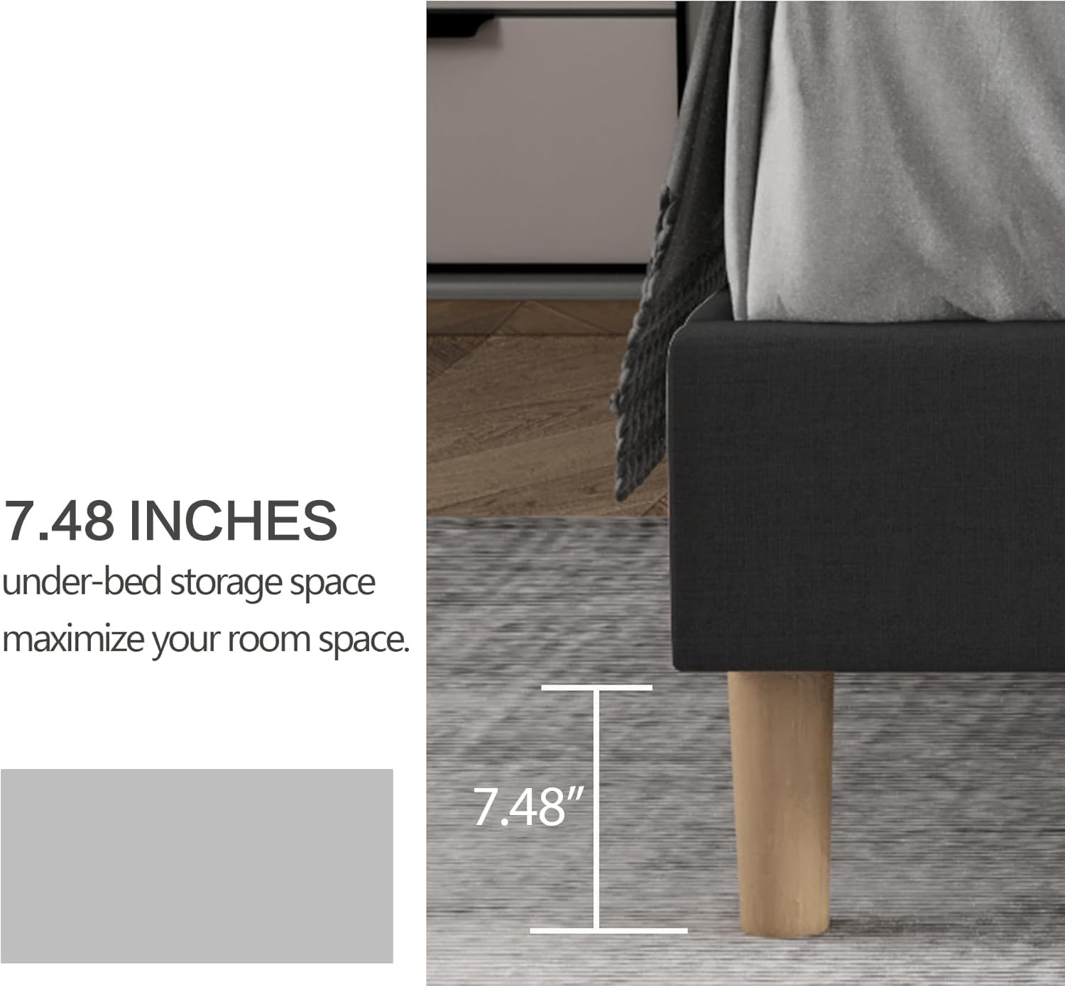 Queen Size Bed Frame with Headboard, Modern Upholstered Linen Platform Bed, Heavy Duty Wooden Slats Support, No Box Spring Needed, Noise-Free & Easy Assembly, Black