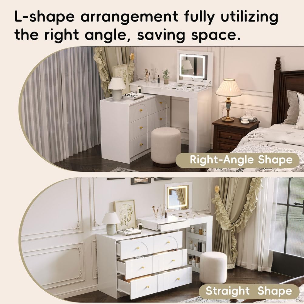 60'' Vanity Desk with Flip-Top Mirror & LED Lights, Convertible L-Shaped Makeup Vanity Table with 6 Drawers, Shelves & Storage Compartments, Modern Corner Dressing Table for Bedroom,White