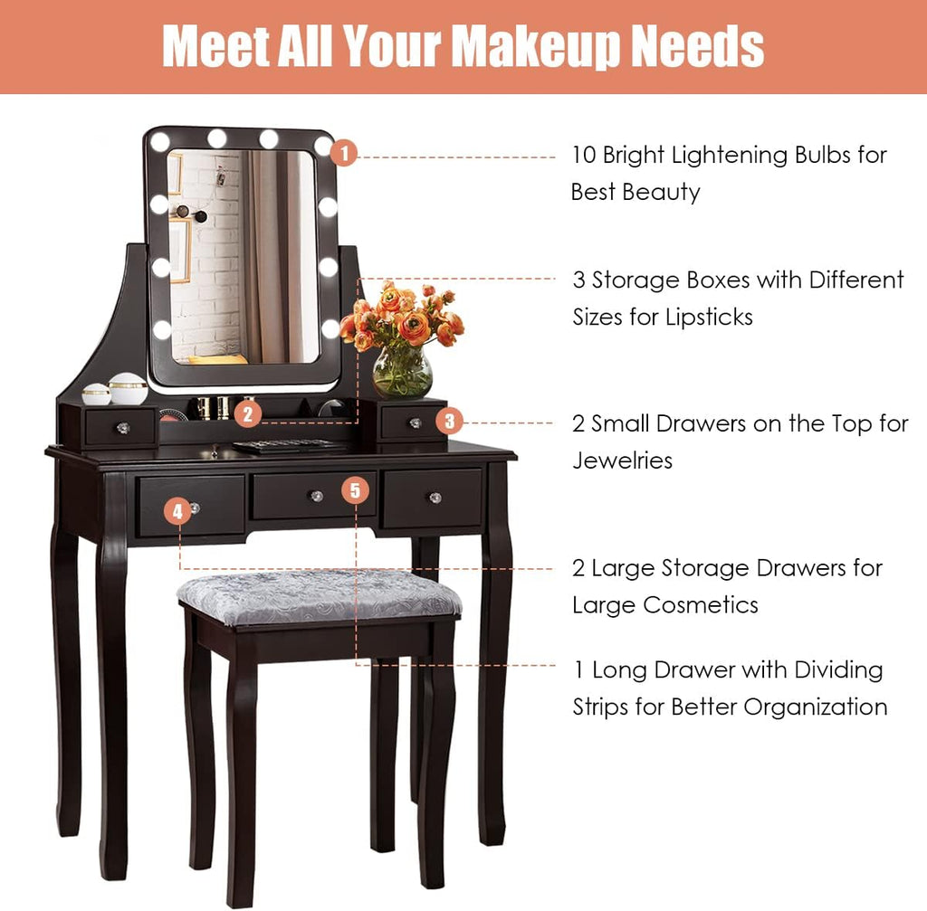 COSTWAY Vanity Desk Set with Lighted Mirror, 360° Swivel Vanity Mirror Desk w/ 10 LED Bulbs, Makeup Dressing Table with 5 Drawers, Vanity Table with Cushioned Stool for Bedroom, Women, Girls (Coffee)