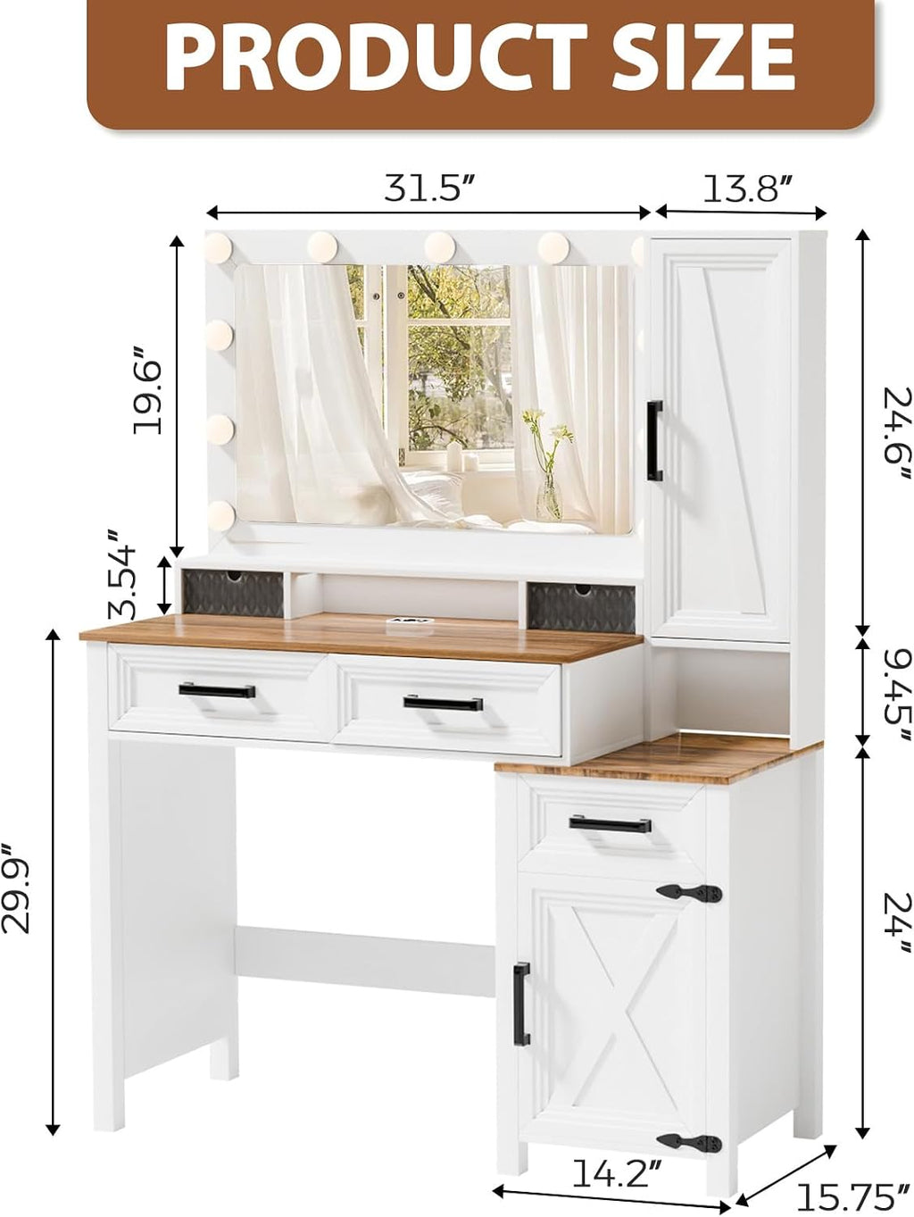 Topcomfy Farmhouse Vanity Desk with 3 Adjustable Light Colors & Power Outlet, White Makeup Vanity Table with Sliding Jewelry Cabinet, Built-in Lipstick Organizer, 3 Drawers & Shelves for the Bedroom