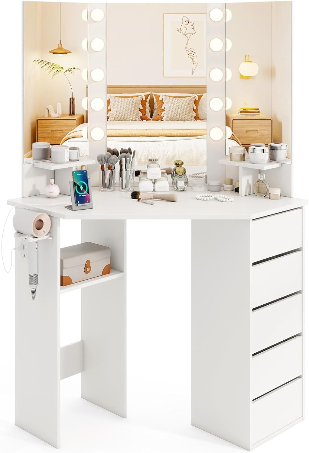 CHARMAID Corner Vanity Desk with Mirror and Lights, White Makeup Vanity Table with 5 Drawers, Storage Shelves, Charging Station, 3 Lighting Modes, Compact Vanity Dressing Table for Small Space