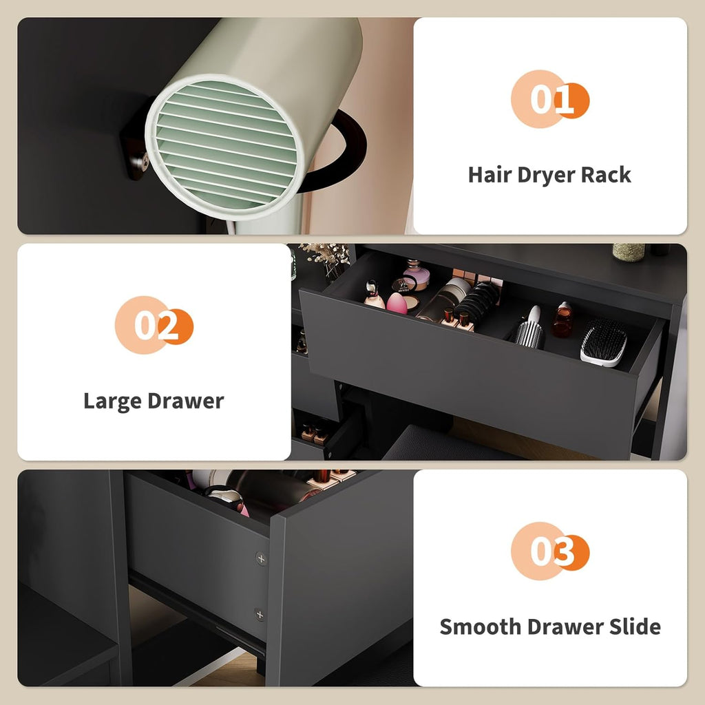 Vanity Set with Mirror and Adjustable Lights, Makeup Vanity Table with Built-in Charging Station, Vanity Desk with 4 Drawers, 4 Shelves, Vanity Bench for Bedroom-Black
