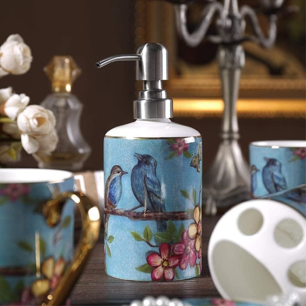 Vanity Bathroom Decor, Bathroom Accessory Sets Dream Blue Bathroom Five-Piece European Ceramic Mouth Cup Bathroom Toothbrush Cup Housewarming Gift