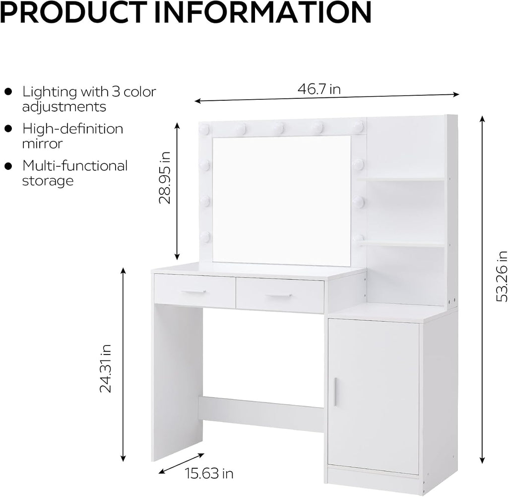 MIRROTOWEL 46.7' Vanity Desk with Mirror & LED Lights, Dressing Table with 2 Large Drawers & Vertical Organizer, 3-Tier Storage, 3 Adjustable Lighting Modes, Makeup Desk for Bedroom