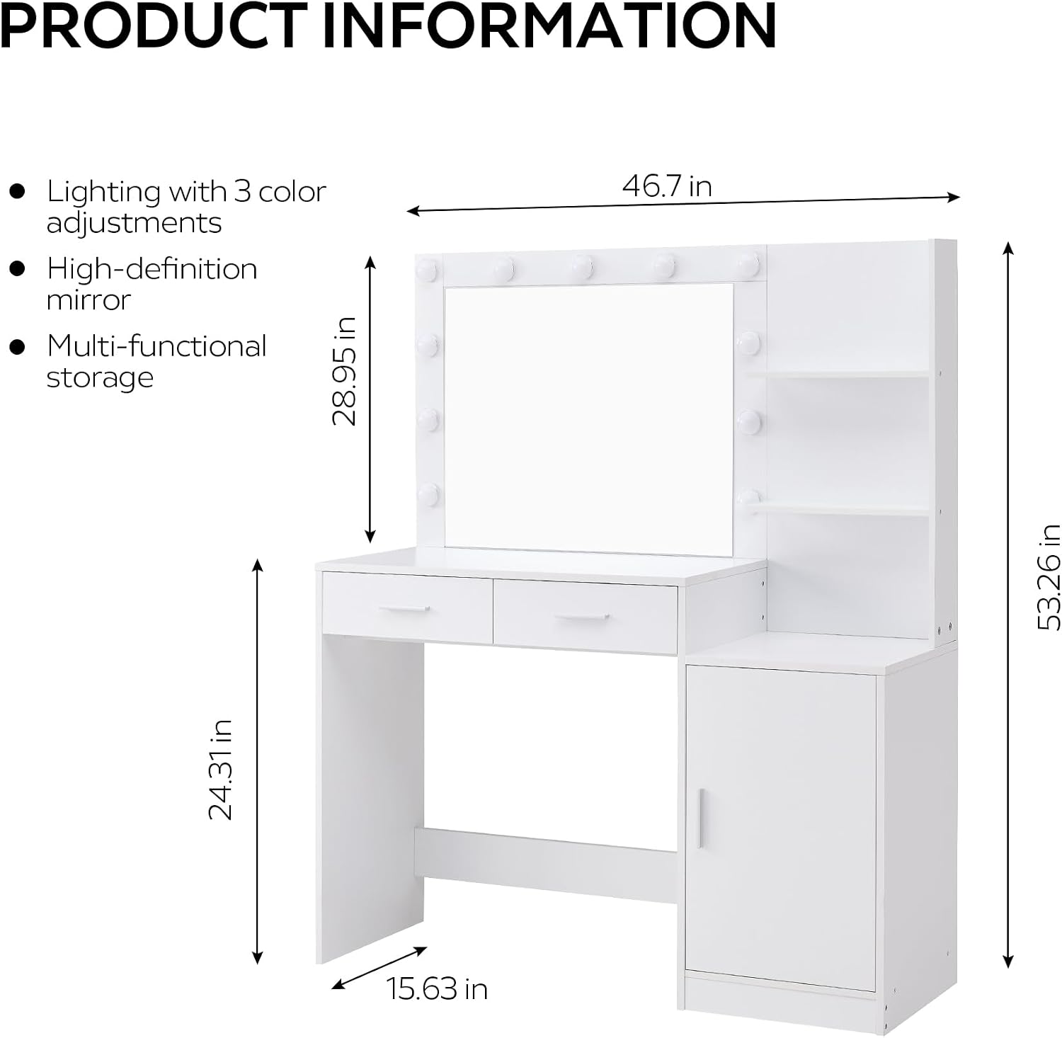 MIRROTOWEL 46.7' Vanity Desk with Mirror & LED Lights, Dressing Table with 2 Large Drawers & Vertical Organizer, 3-Tier Storage, 3 Adjustable Lighting Modes, Makeup Desk for Bedroom