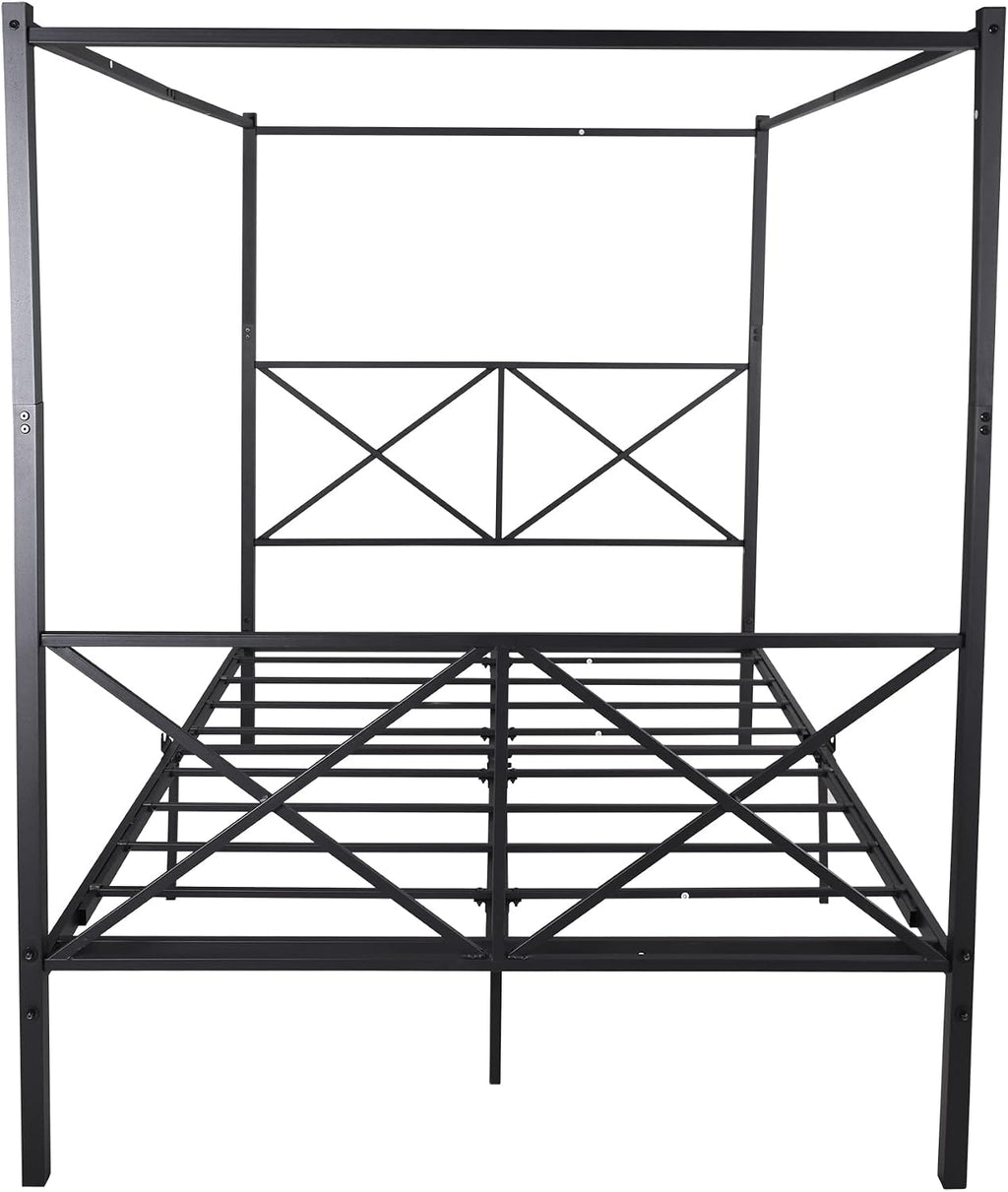 Queen Size Metal Canopy Bed, 4 Poster Canopy Platform Bed Frame with Crisscross Headboard and Footboard - Queen