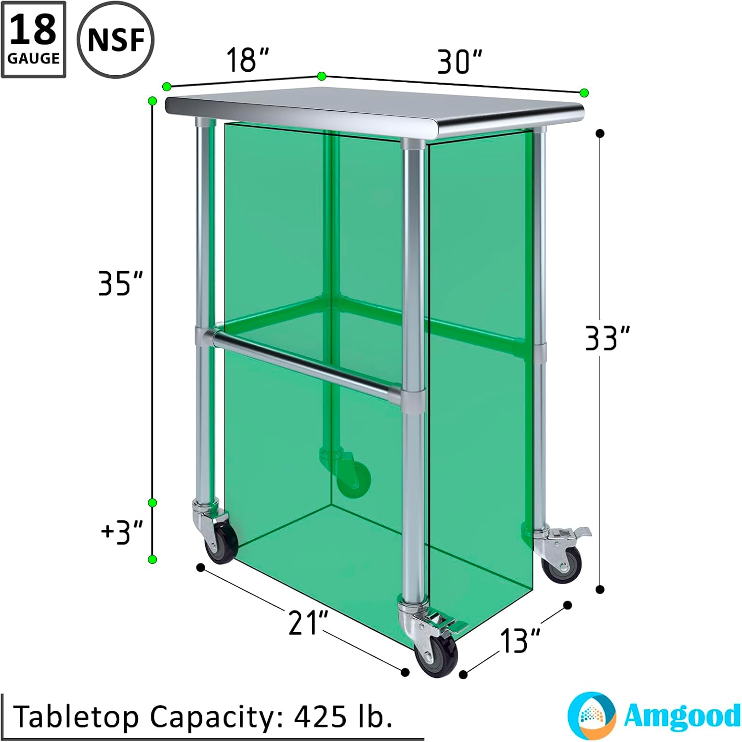 AmGood Stainless Steel Work Table Open Base & Wheels | Work Station | Metal Work Bench (Stainless Steel Work Table Open Base + Casters, 18' Long x 30' Deep)