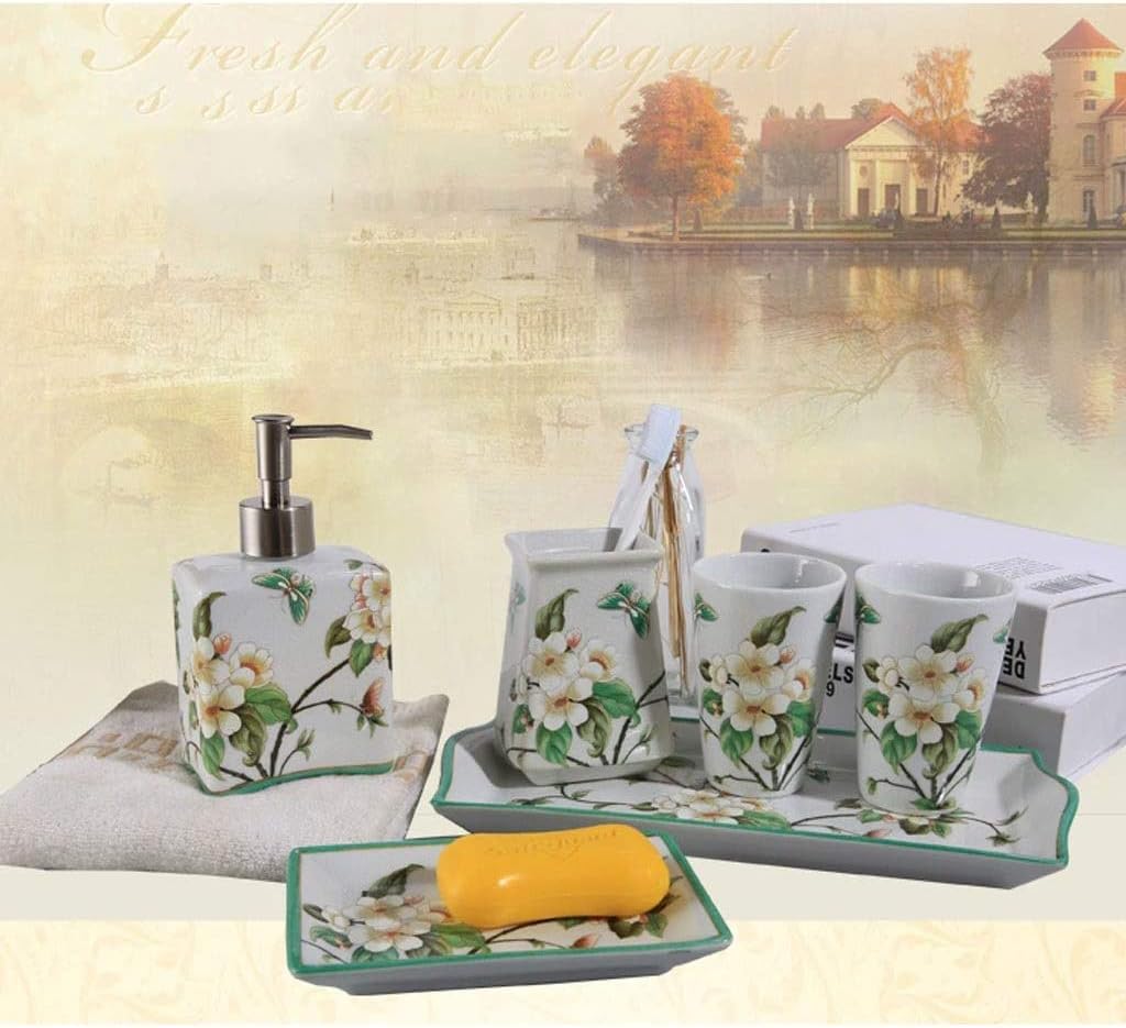 Vanity Bathroom Decor, 5pcs American Pattern Ceramic Bathroom Accessories Set Tooth Brush Holder Soap Dispenser Gargle Cup Soap Dish Suit Housewarming Gift