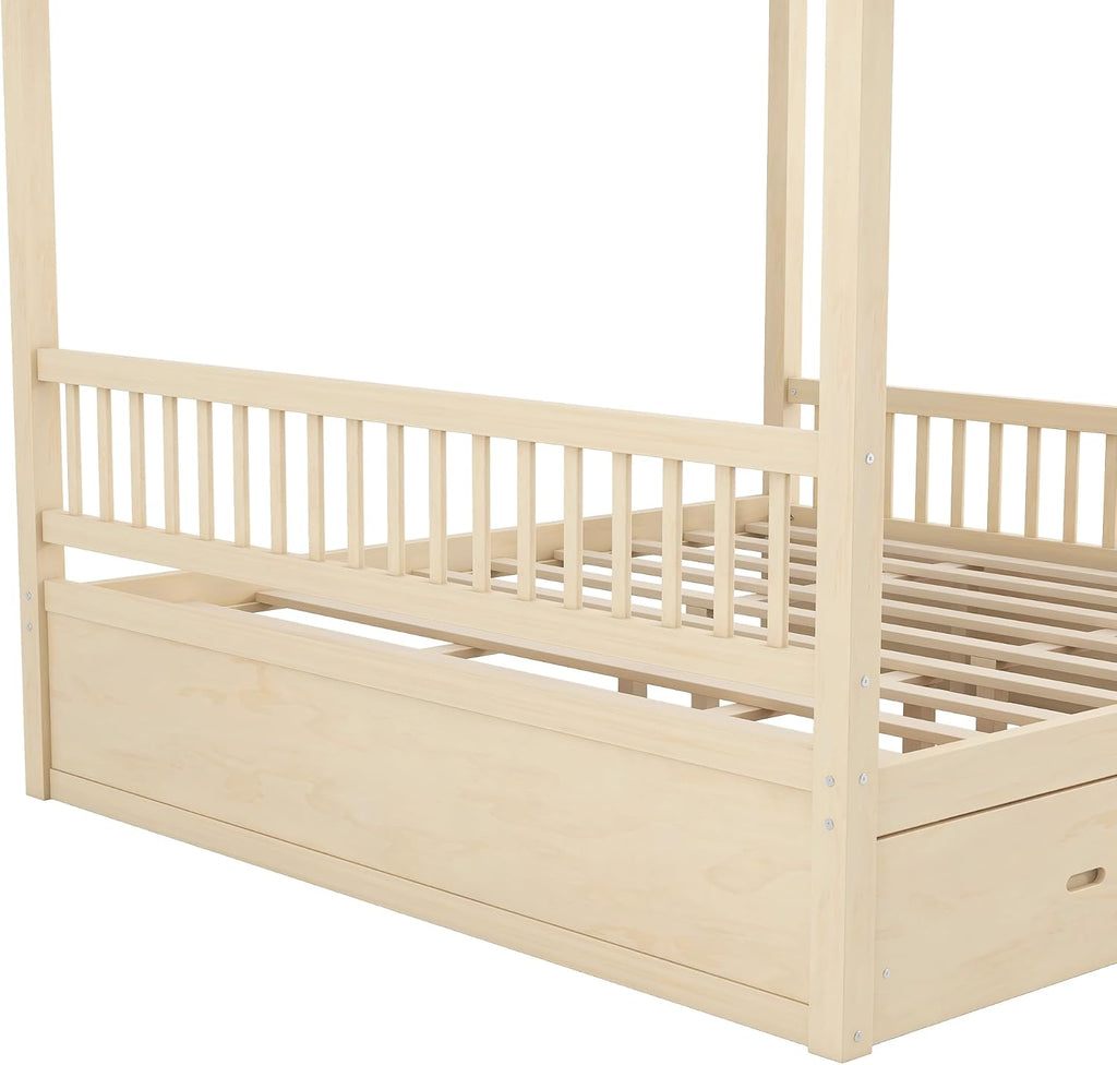 Canopy Bed with Storage Drawers, Wooden Bed Frame with Slat for Bedroom,No Spring Box Needed (Natural, King (U.S. Standard))
