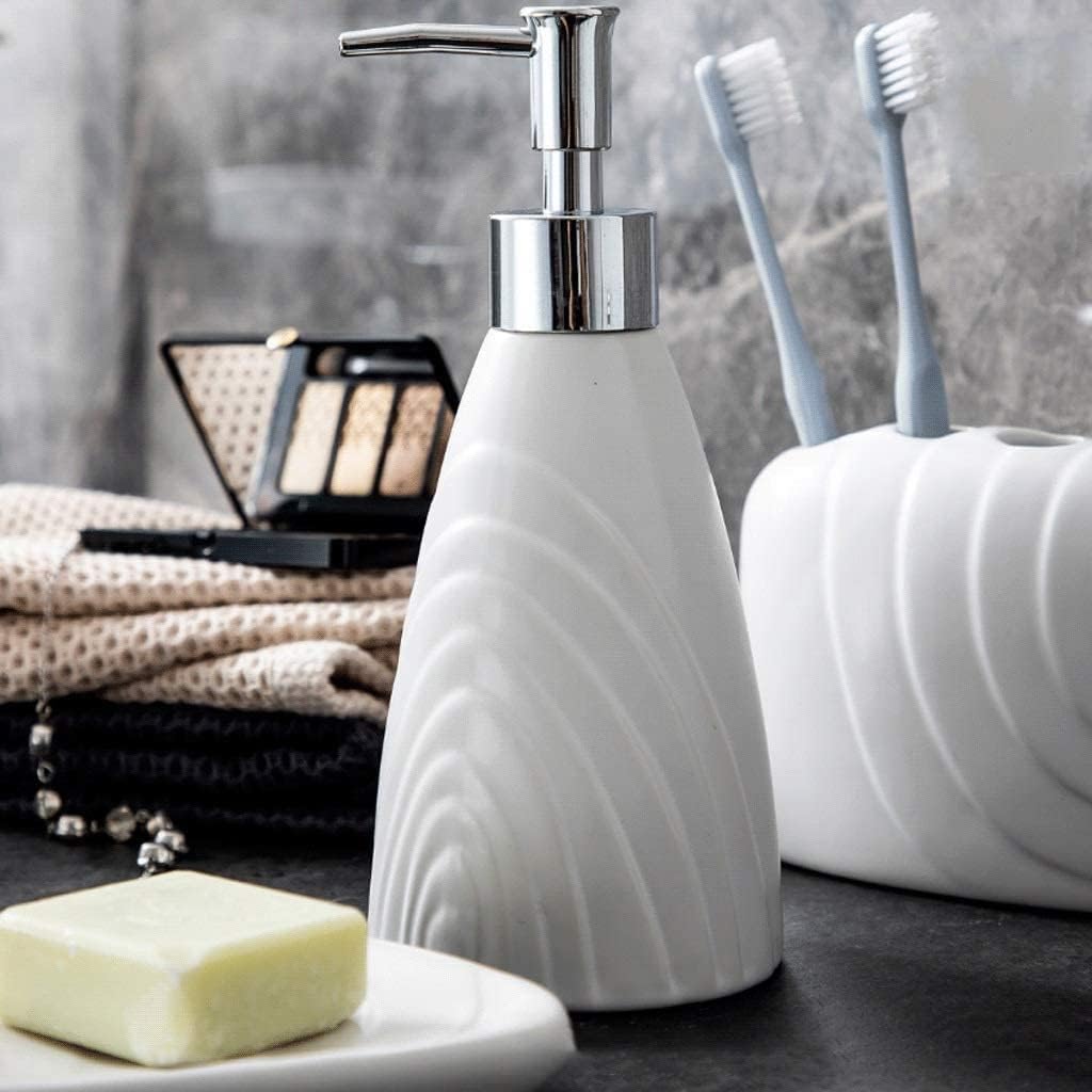 Vanity Bathroom Decor, White Ceramic Bathroom Accessory Set 5 Pieces Bathroom Set Including Soap Dispenser Toothbrush Holder Soap Dish Housewarming Gift(A)